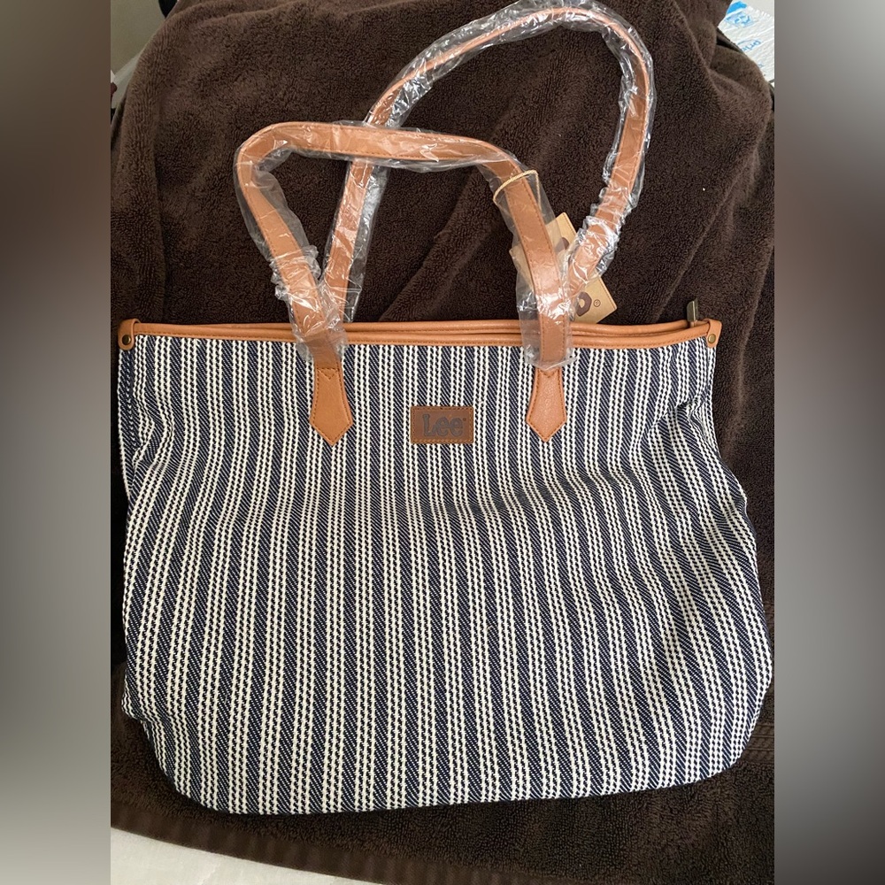 Lee & Montana West Collab Tan Trim Blue & White Tote Bag NWT